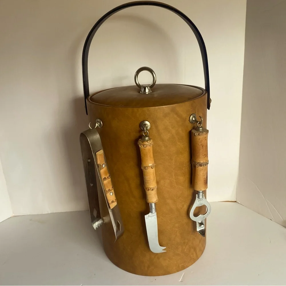 Vintage Ice Bucket Leather look with Real Bamboo Handle Utensils